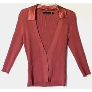 LAFAYETTE 148 NY Pink Stretch Silk Removable Satin Collar Ribbed Cardigan Sz S